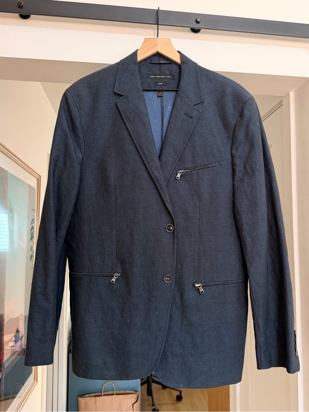 John Varvatos USA Luxe Blazer Jacket 44R Navy Blue / gray Zip Pocket Sport Coat